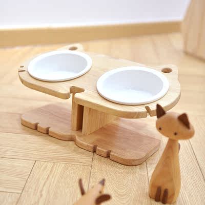 Kuan Miao Solid wood cat bowl Stand, cat bowl ceramic anti-black chin set, double bowl pet cat multi-cat bowl stand, anti-stain