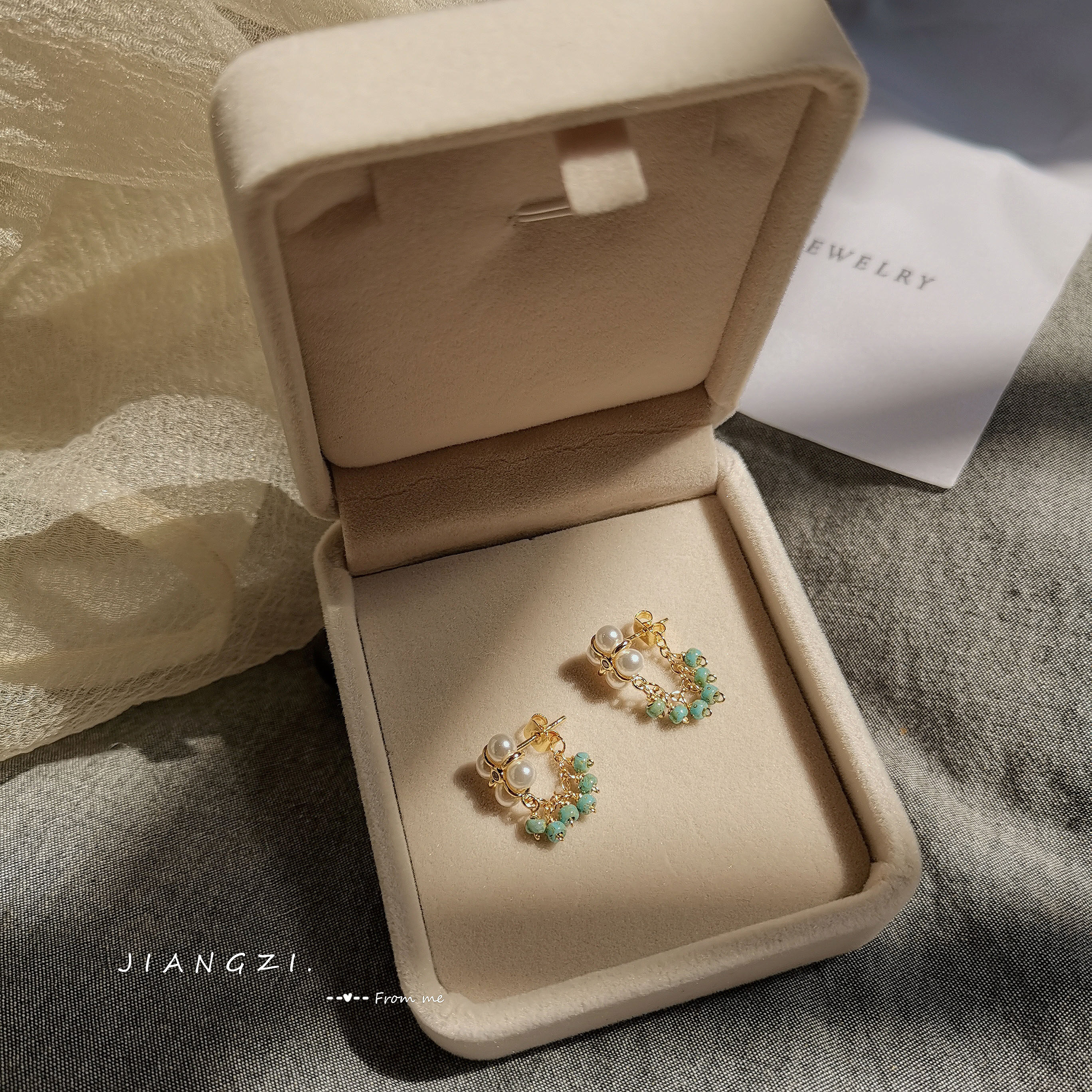 JIANGZI STU sauce original s925 silver plated 18k real gold imported turquoise connected to pearl earrings