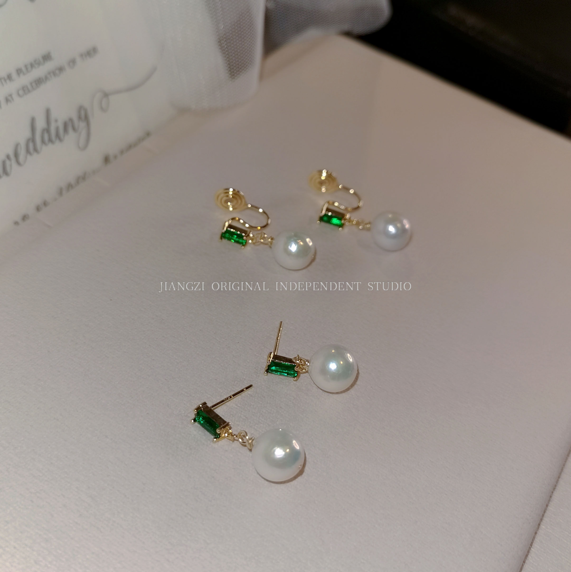 JZ STU ancestor green zircon 14K gold natural near round baroque high quality pearl temperament ear pin ear clip