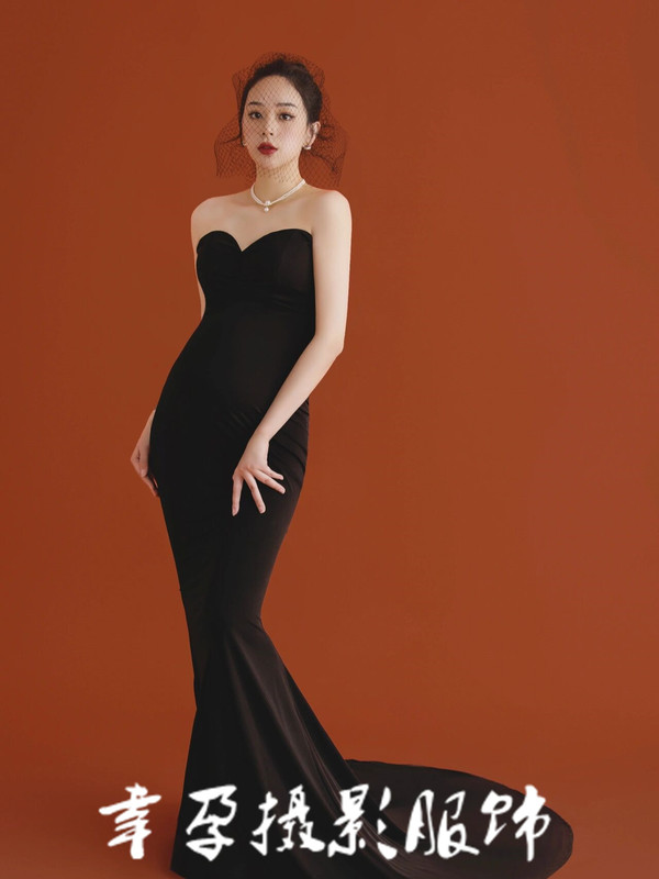 Photo Studio New Maternity Photo Outfit for Pregnant Mothers, Black Retro High-End Sexy Strapless Trailing Dress for Photography Art Photos