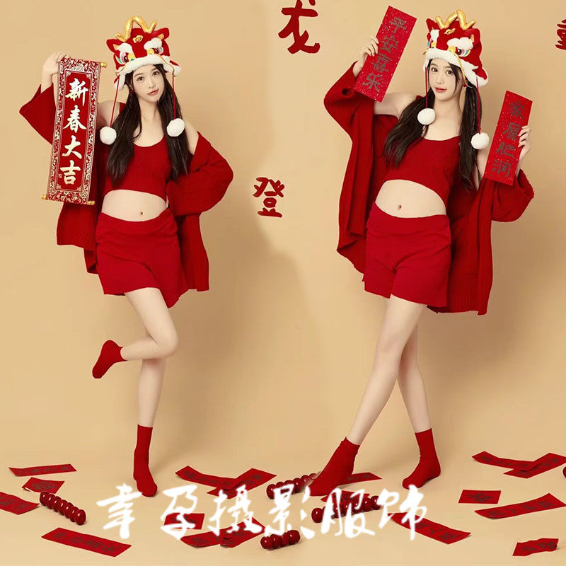 Shadow Building New Dragon Year Festive Pregnant Woman Photo Cute Red Suit New Year Pregnancy Mommy Big Belly Art Photography Suit-Taobao