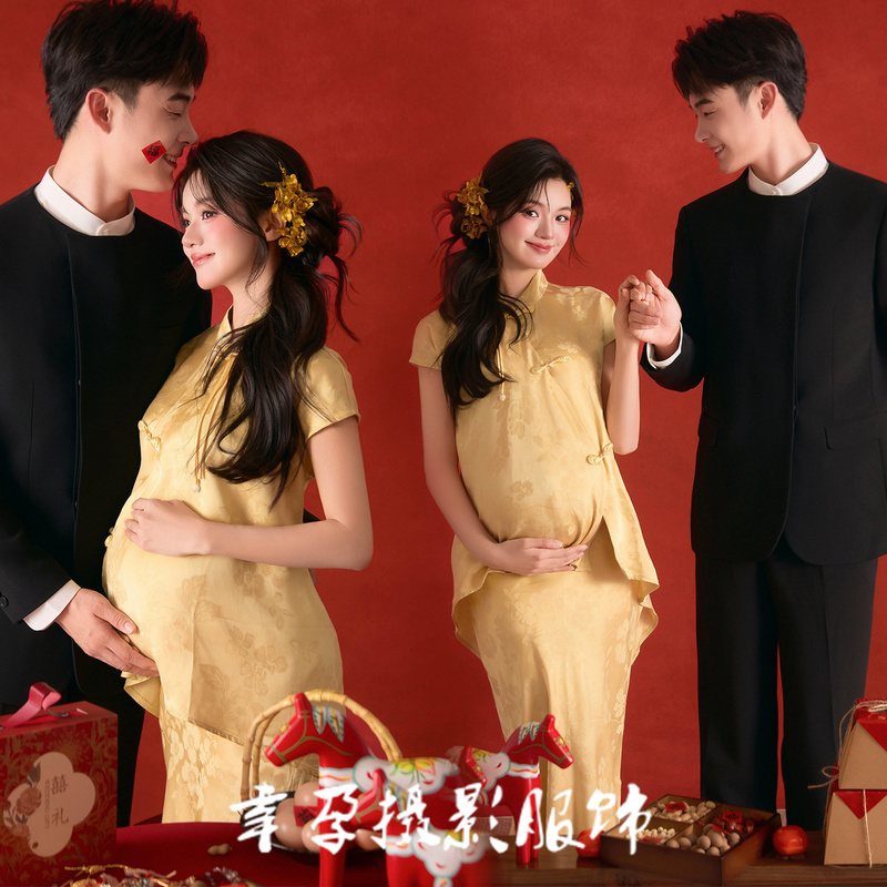Year of the Horse Photo Studio New Chinese-Style Couple-Themed Maternity Photoshoot Outfit, High-End National Style Set, Pregnant Mother Belly Photo Cheongsam