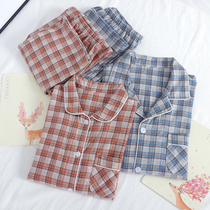 Mothers spring and autumn pajamas womens cotton plaid long sleeve grinding middle-aged high-end couples home clothes dad set