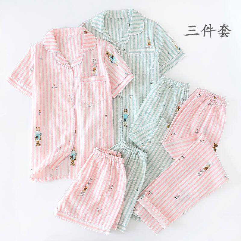 Three new female spring and summer all cotton gauze cotton pajamas women short sleeve cotton home dress pants suit