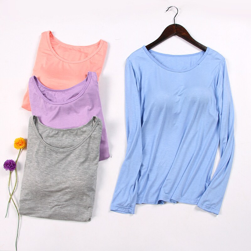 With chest cushion new long sleeves T-shirt woman free from bra cups integrated Modale vest with undershirt easy to wear outside