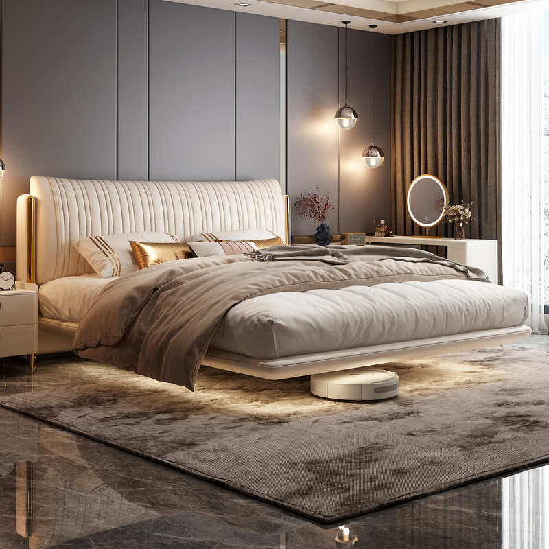 High-End, Elegant, Italian-Style Light Luxury Genuine Leather Master Bedroom Floating Smart Bed with Soft Upholstery and Sensor Light, 2026 New Model