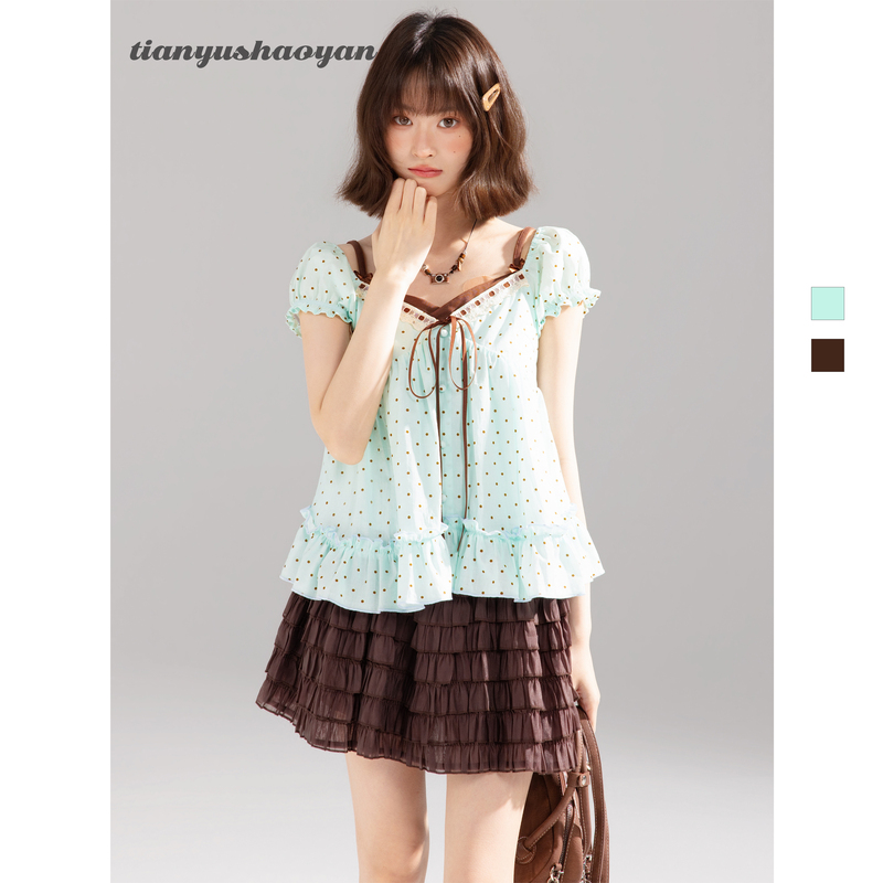 Sweet Fish Low-Salt [Mint Ice Cocoa] French Style Girl's Fake Two-Piece Short-Sleeve Shirt for Women, Summer Sweet Top for Petite Figures