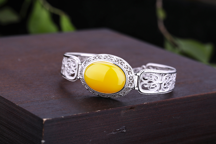 Vòng đeo tay bằng bạc mạ bạc 925 trống bạc sterling vòng tay bạc khay khảm sáp ong màu hổ phách ngọc lam hỗ trợ vòng đeo tay 16 * 22 vòng đá thạch anh