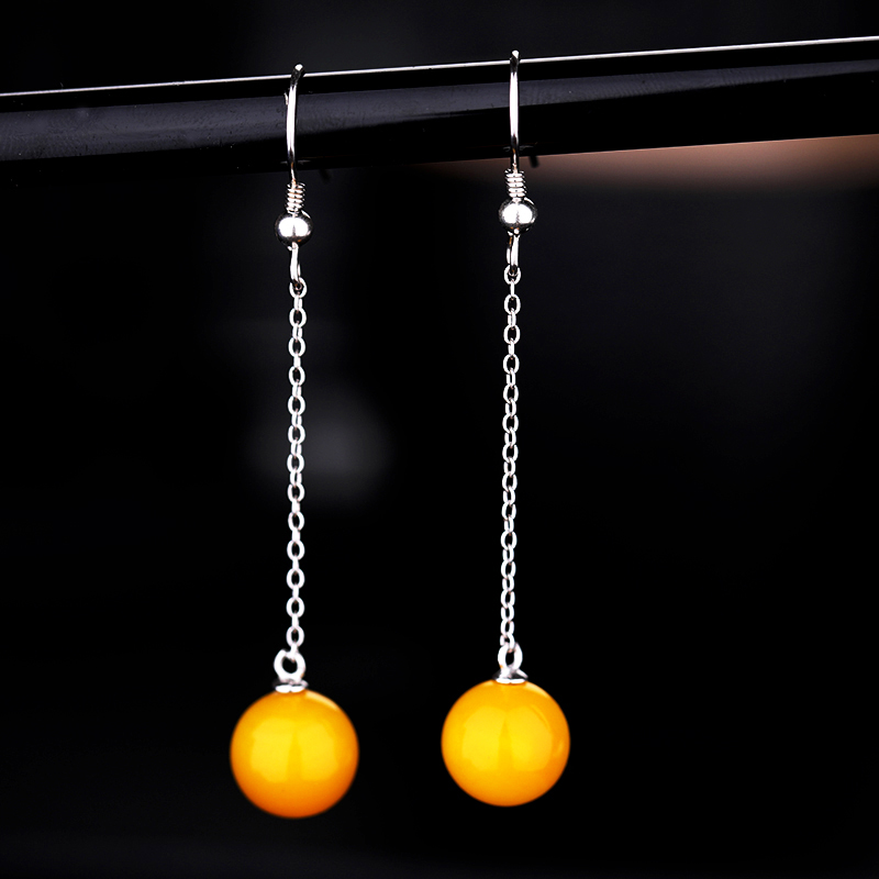 DIYS925 pure silver ear necklace empty care inlaid honey wax pearl green pine stone earrings earrings earrings silver Ears Pendant