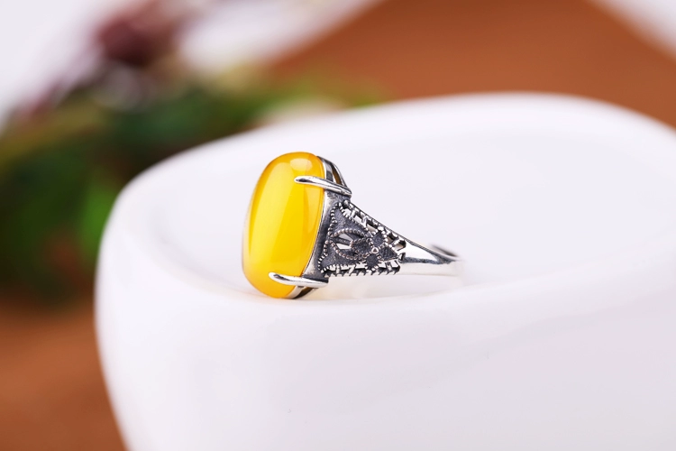 Nhẫn bạc 925 cổ điển trống khay tự làm dát ngọc lam sáp ong mở hổ phách cài đặt 13 * 18 hỗ trợ nhẫn nữ nhan nam