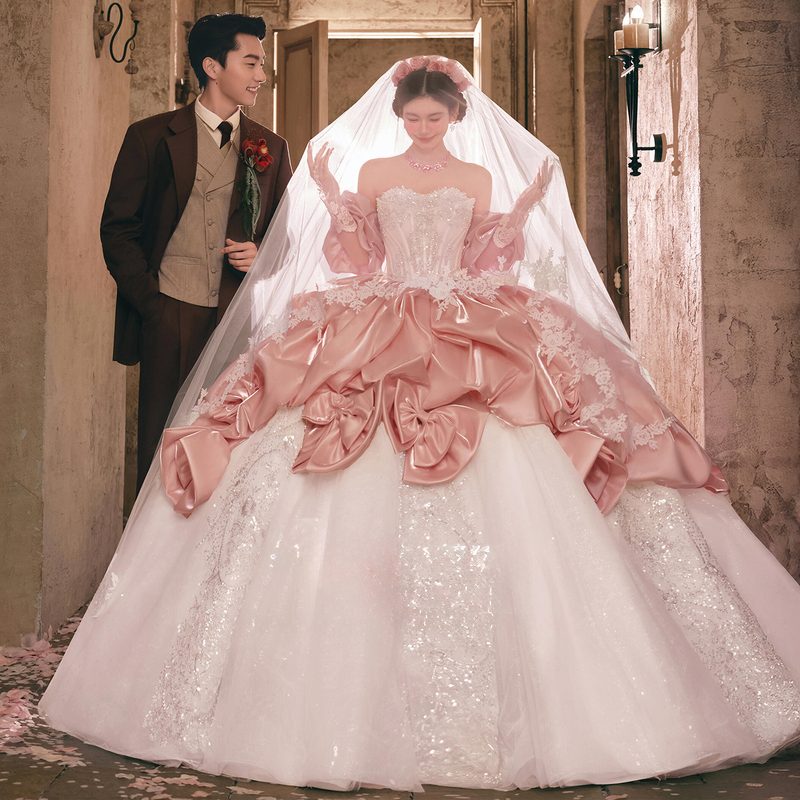 Photo Studio Themed Couple Photoshoot Clothing, Palace Style with Sleeves, Pink Wedding Dress, Heavy Craftsmanship, Luxurious and Dreamy Princess Style