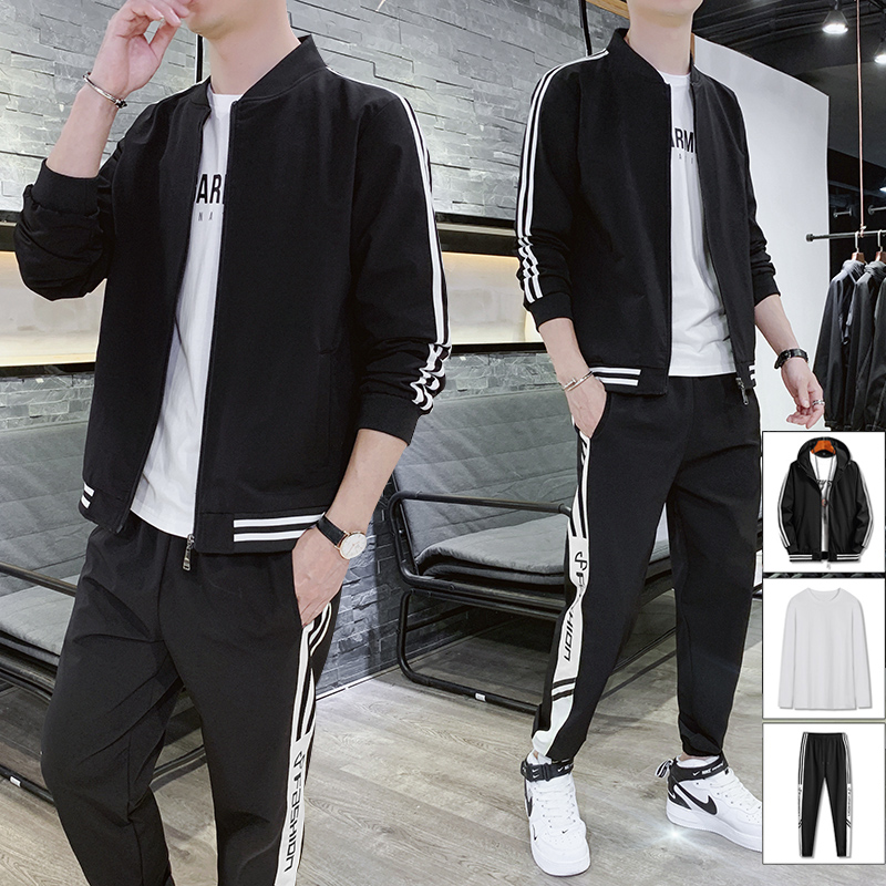 休闲套装男2019秋季韩版潮牌三件套男士一套衣服连帽夹克外套男装