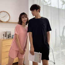 Ice silk couple pajamas set men and women Summer solid color casual round neck seamless home wear thin short sleeve shorts pajama pants