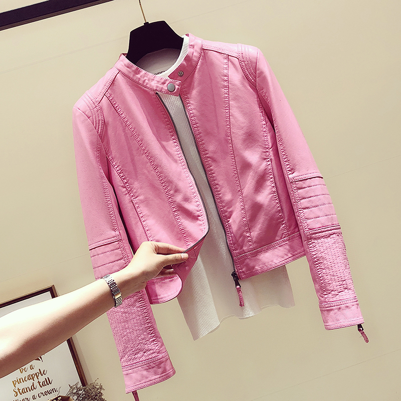 Korean pink leather jacket women's autumn and winter short 2021 new locomotive suit slim leather jacket jacket