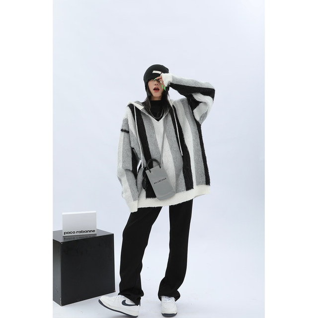 Acestudios mohair hooded sweater jacket women's 2022 spring and autumn design striped outer sweater