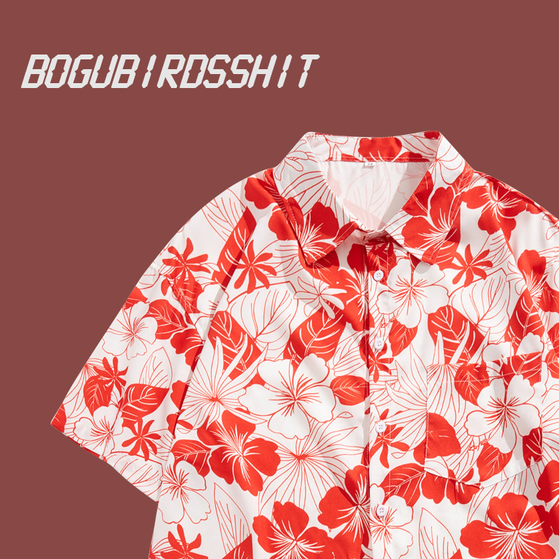 Bogubirds Hawaiian Floral Shirt Retro Hong Kong Style Short-Sleeved Beach Shirt Unisex Thai Island Shirt
