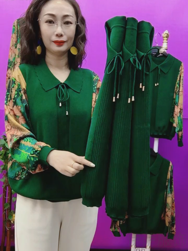 Women's Versatile Patchwork Floral Sleeve Doll Collar Knitted Base Shirt Long-Sleeve Stylish Slimming Ice Linen Top for Moms