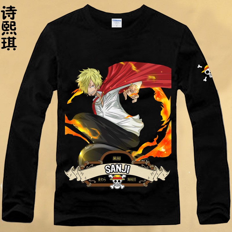 Áo thun mới Qiuyi One Piece Áo sơ mi dài tay Lufei Thanh niên nam giới Vòng cổ lỏng lẻo Quần áo sinh viên Anime Quần áo đáy áo form rộng nam