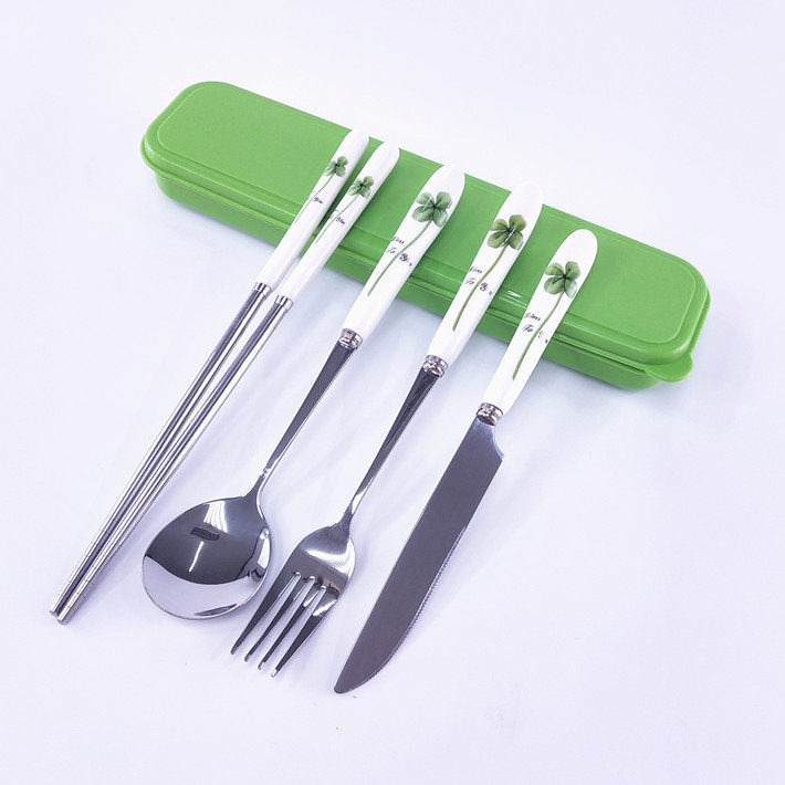 Four-leaf clover portable three-piece set of student tableware set stainless steel chopsticks cartoon children spoon fork adult box