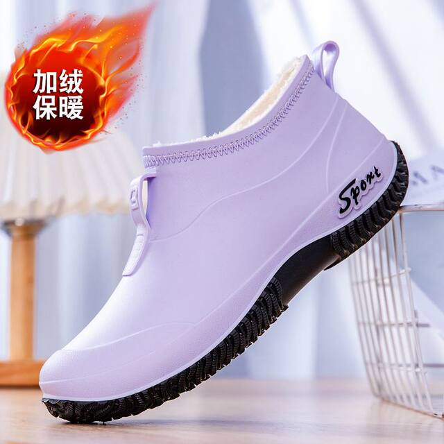 Plus fixed velvet rain boots for women, fashionable soft rainy season outdoor wear plus cotton comfortable short-tube kitchen work shoes waterproof shoes