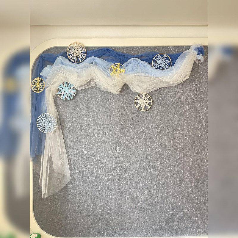 Kindergarten Blue-Themed Decorative Wall Arrangement with Bamboo Circle Woven Hangings, 3D Realistic Butterfly Gauze Curtains, and Creative Materials