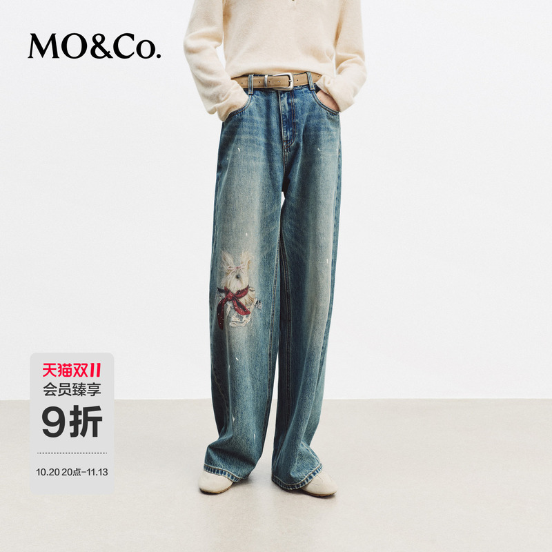Moco Jeans 2026 Winter New Retro Washed Cotton Dog Print Wide Straight Mid-Waist Mbf4Jen001