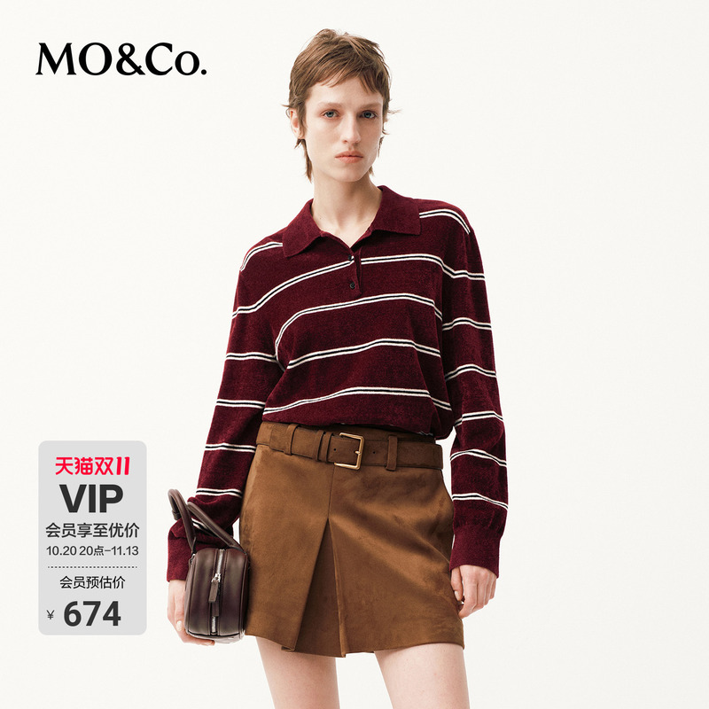 Moco Knitwear Retro Striped Light and Warm Intellectual Short Polo Shirt Sweater Mo Anke