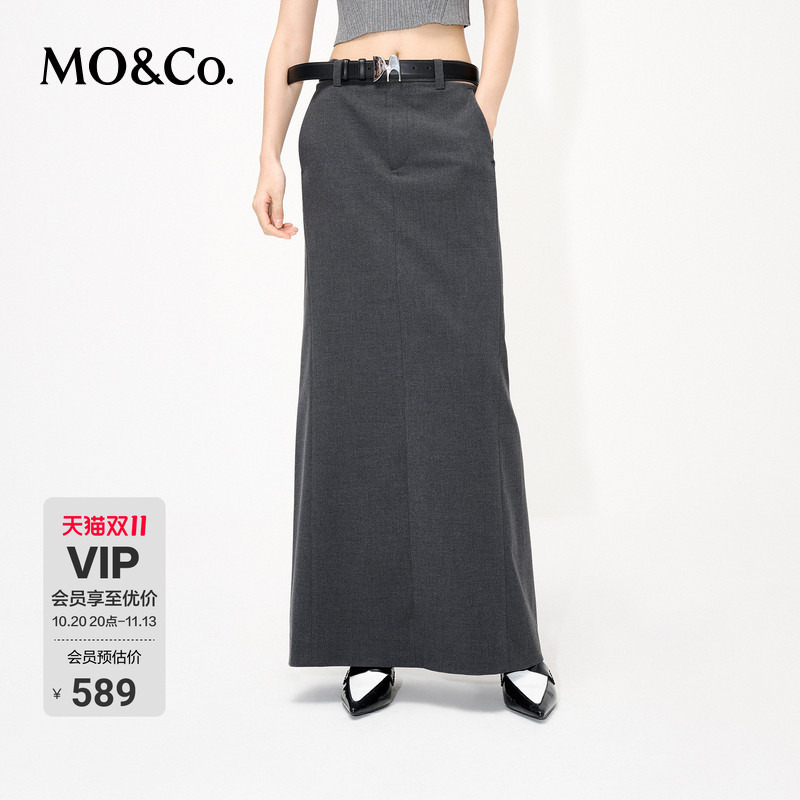 Moco Simple High-Waisted Long Skirt with Back Slit, White and Gray Design Skirt, Mo Anke Moco Simple High-Waisted Long Skirt with Back Slit, White and Gray Design Skirt, Mo Anke