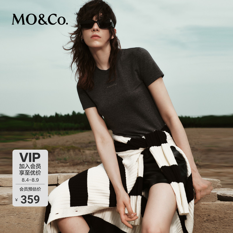 Moco Sparkling Diamond Slogan Slim-Fit Stretch Versatile T-Shirt Black White American Retro Fashion Top