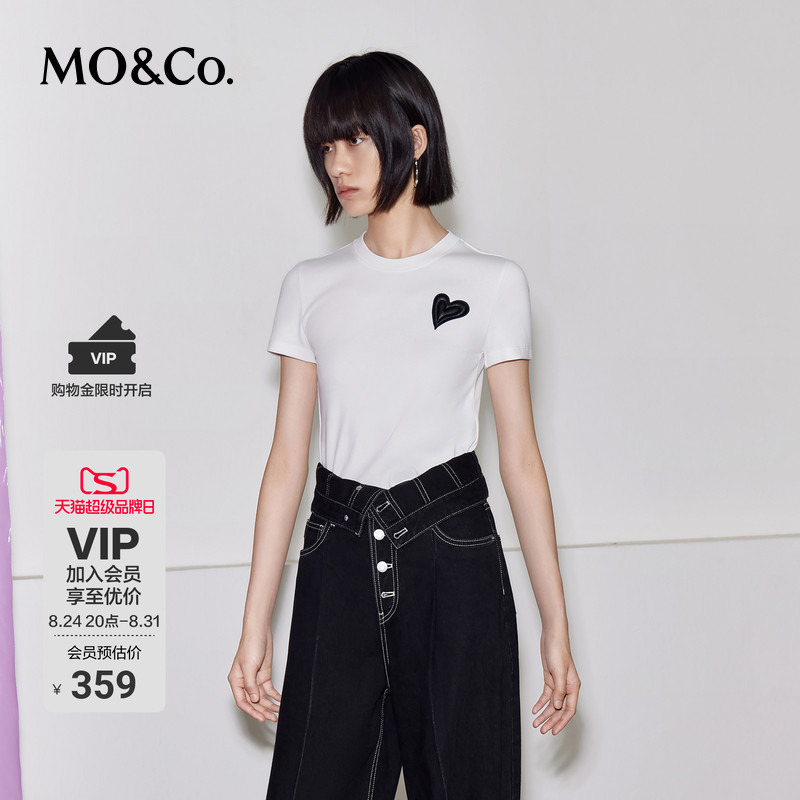 Moco Protein Leather Heart Patch Short-Sleeve Crew Neck T-Shirt Top White Black Moco