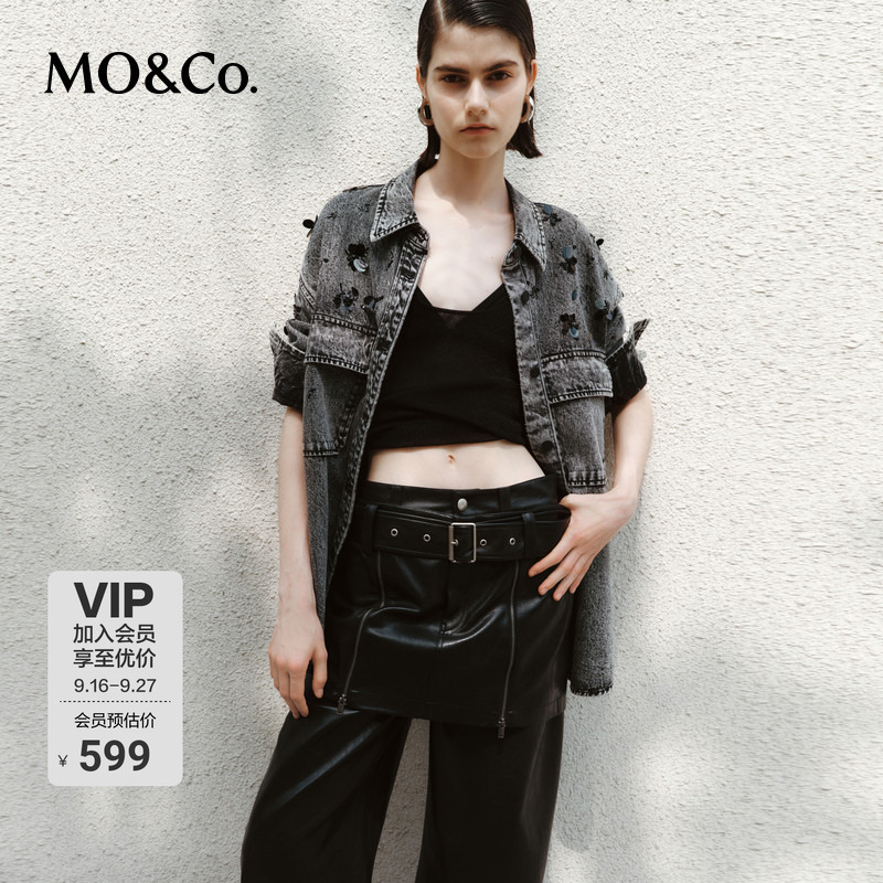 Moco Denim Jacket Rock Sequin Beading Heavy-Duty Washed Black Shirt Jacket Moco Boxy Fit