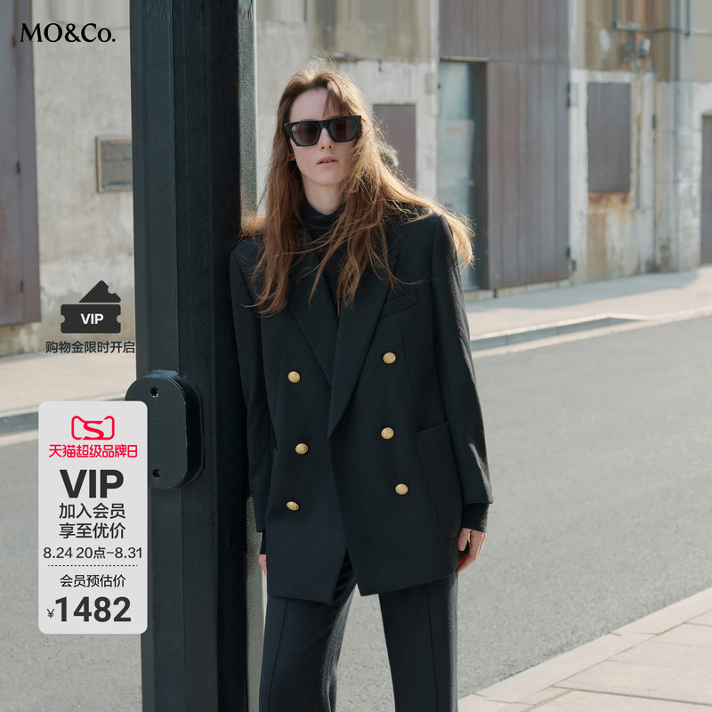 Moco Suit Wool Fine-Spun Vintage Double-Breasted Gold Button Wide-Shoulder Silhouette Jacket for Commuting and Casual Wear by Moanke