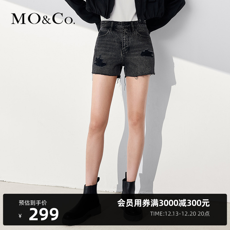 MOCO spring and summer trimming wash water high waist ripped all-match black denim hot pants shorts women