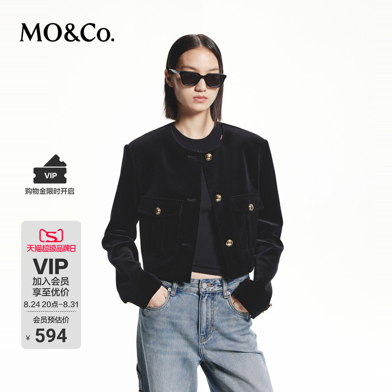 Moco Cotton Jacket with Luxurious Fine Velvet, Short Boxy Fit, Round Neck, Pockets, Gold Buckle, Chanel-Style Moanke Moco Cotton Jacket with Luxurious Fine Velvet, Short Boxy Fit, Round Neck, Pockets, Gold Buckle, Chanel-Style Moanke