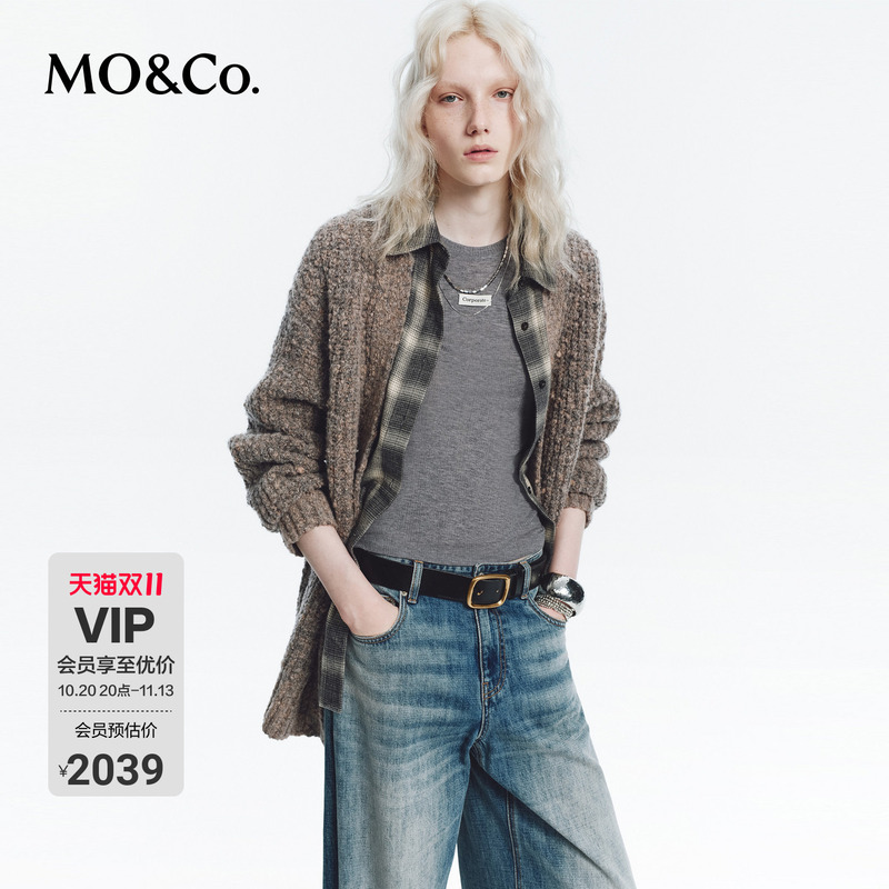 Moco Sweater Jacket Fake Two-Piece 2026 Autumn New Product Shirt Placket Splicing with Wool Retro Mbf3Car007 Moco Sweater Jacket Fake Two-Piece 2026 Autumn New Product Shirt Placket Splicing with Wool Retro Mbf3Car007