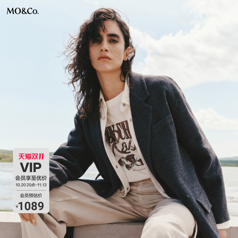 Moco Wool Coat Merino Sheep Wool Mid-Length Loose Suit Lapel Collar Coat with Belt Moanke