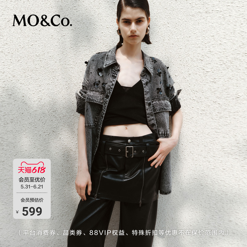 Moco Denim Jacket Rock Sequin Beading Heavy-Duty Washed Black Shirt Jacket Moco Boxy Fit Moco Denim Jacket Rock Sequin Beading Heavy-Duty Washed Black Shirt Jacket Moco Boxy Fit