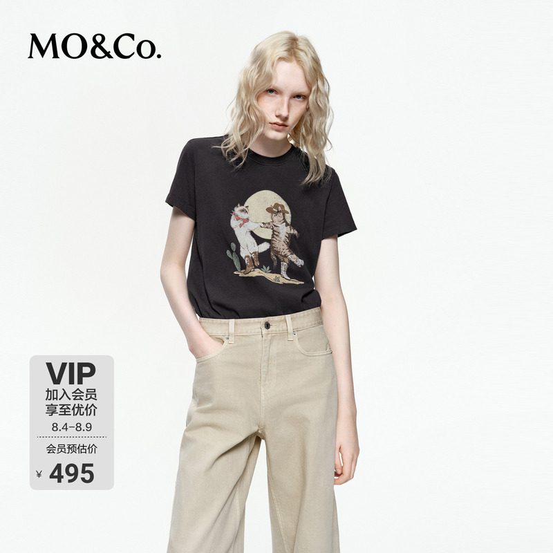Moco Short-Sleeved T-Shirt 2026 Autumn New Product Xinjiang Cotton 5A Antibacterial Cat Print Western Retro Mbf3Teet07