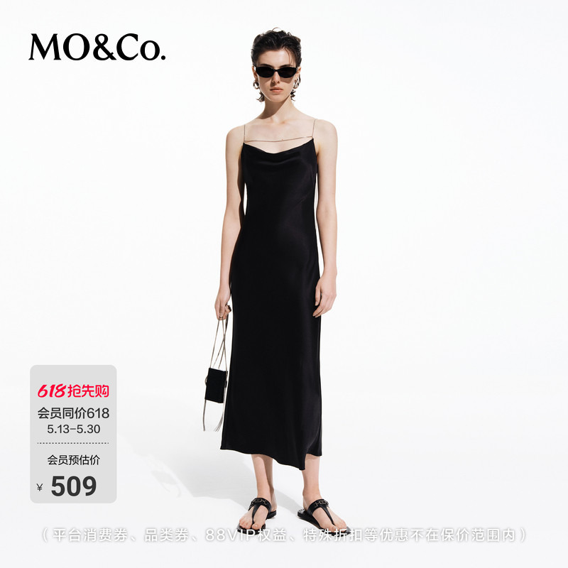 Moco Dress Summer Acetate Detachable Chain Satin Slip Dress Backless Waist-Cinching Fishtail Little Black Dress Mo Anke Moco Dress Summer Acetate Detachable Chain Satin Slip Dress Backless Waist-Cinching Fishtail Little Black Dress Mo Anke
