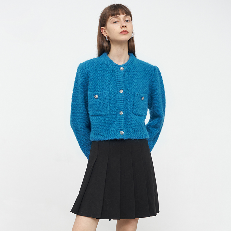 Van Lo 2022 Fall New Blue Bubble Cuff Loose 100 lap Short Thickened Knit Cardiovert Sweater Jacket Woman