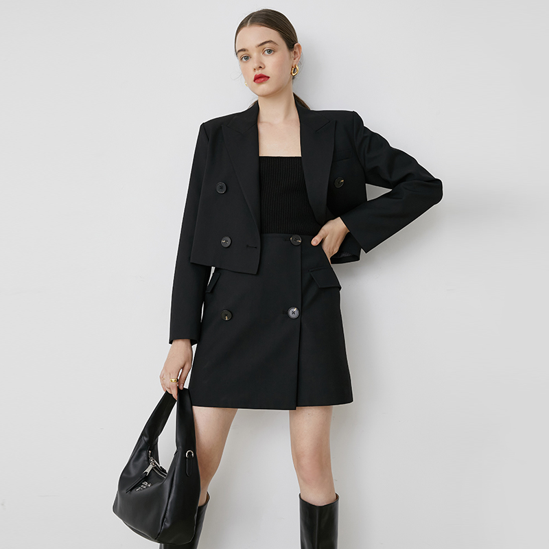 Van Loo 2022 Spring New Commuter OL Wind Black Small Suit Jacket Woman Short Skirt Short Western Suit Fashion Suit