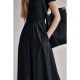 Fan Luo Black Square Neck Short Sleeve Dress Women's 2024 Summer Hepburn Style High Waist Slim Knitted Woven Splicing Skirt