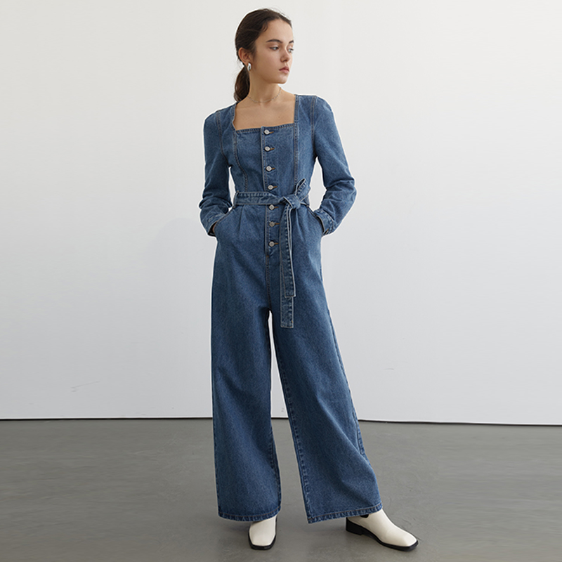 Fanluo 2022 spring and autumn new denim jumpsuit women's design sense niche waist and thin square collar jumpsuit suit