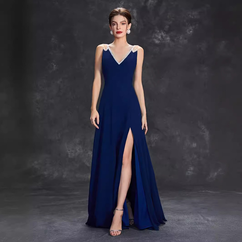 Cross-Border Pure Color Evening Dress Women's Deep V Neck Sleeveless Slit Formal Dress Cocktail Party Prom Long Dress Summer