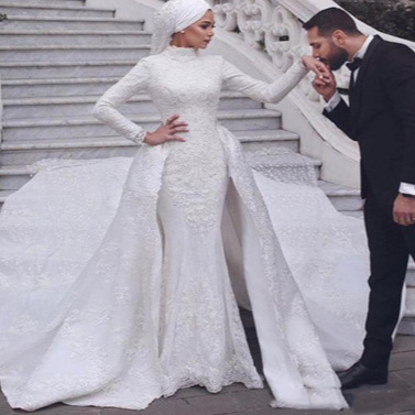 African Wedding Evening Dress New Style Long-Sleeved Round Neck Detachable Train Wedding Dress African Wedding Evening Dress New Style Long-Sleeved Round Neck Detachable Train Wedding Dress