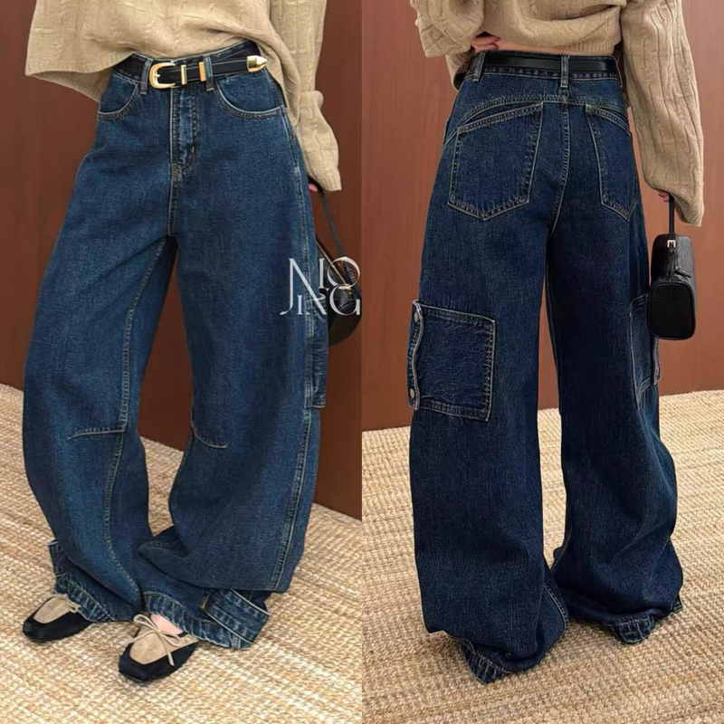 782 European Heavy-Duty Multi-Pocket Workwear Denim Women's Vintage Distressed Dark Blue High-Waisted Loose Wide-Leg Floor-Length Pants Sml