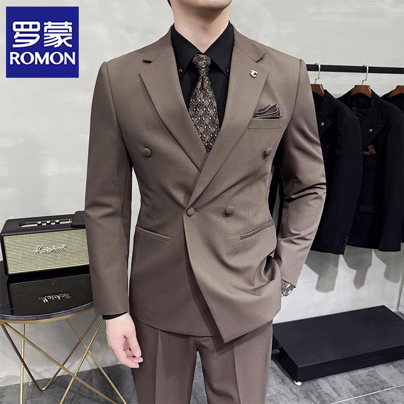 Romon High-End Double-Breasted Suit Set for Men, Business Casual Formal Wear, Groom Wedding Suit, Small Blazer