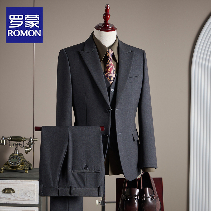 Romon Wool Suit Set for Men, Groom Wedding Attire, British Style Business Korean Version Suit Jacket, Slim Fit Formal Wear