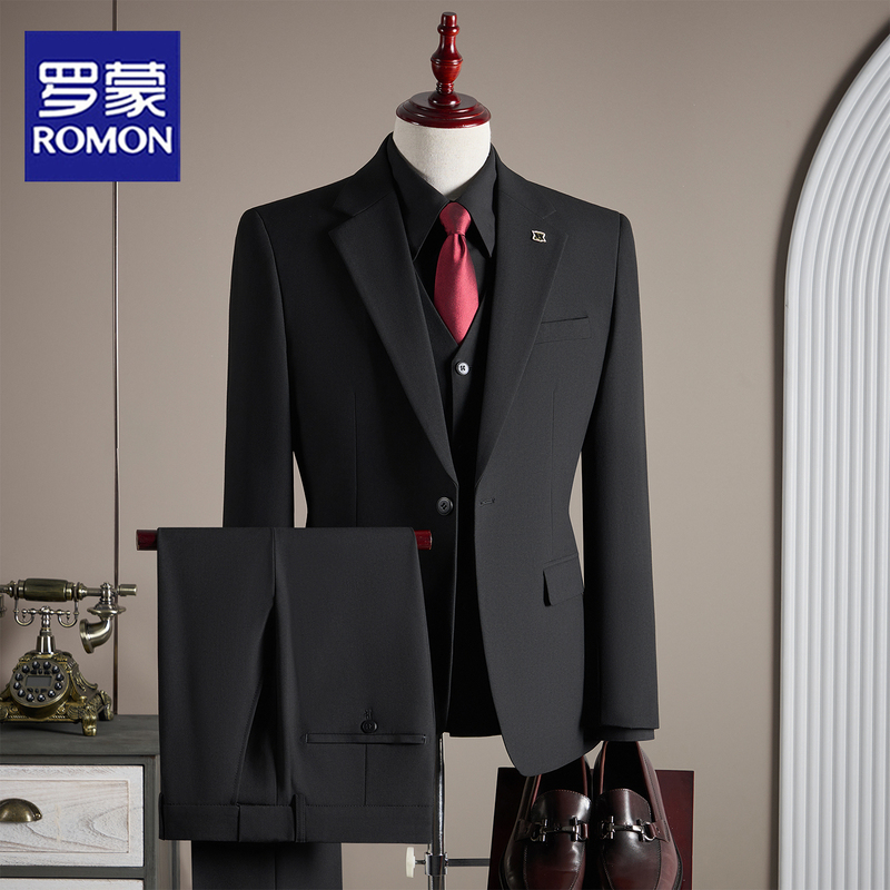 Romon Suit Men's Three-Piece Suit Business Casual Groom Wedding Formal Dress British Korean Style Slim Suit