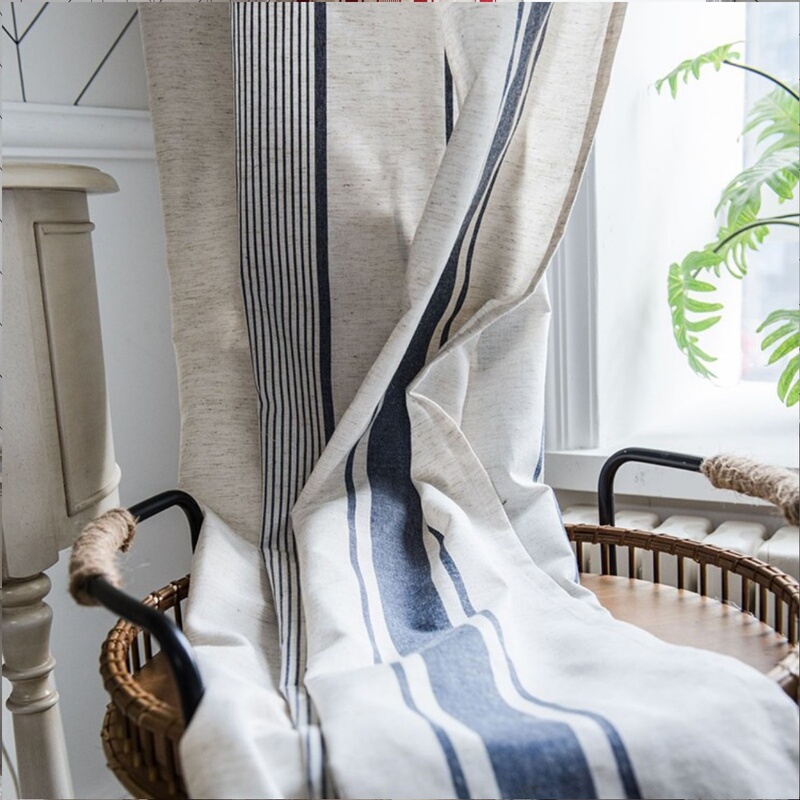 American-Style Curtains with Red and Navy Stripes, Kitchen Curtains Made of Cotton and Linen, Semi-Blackout, Suitable for Dormitories, Living Rooms, Balconies, Sunshade, Floor-To-Ceiling Curtains